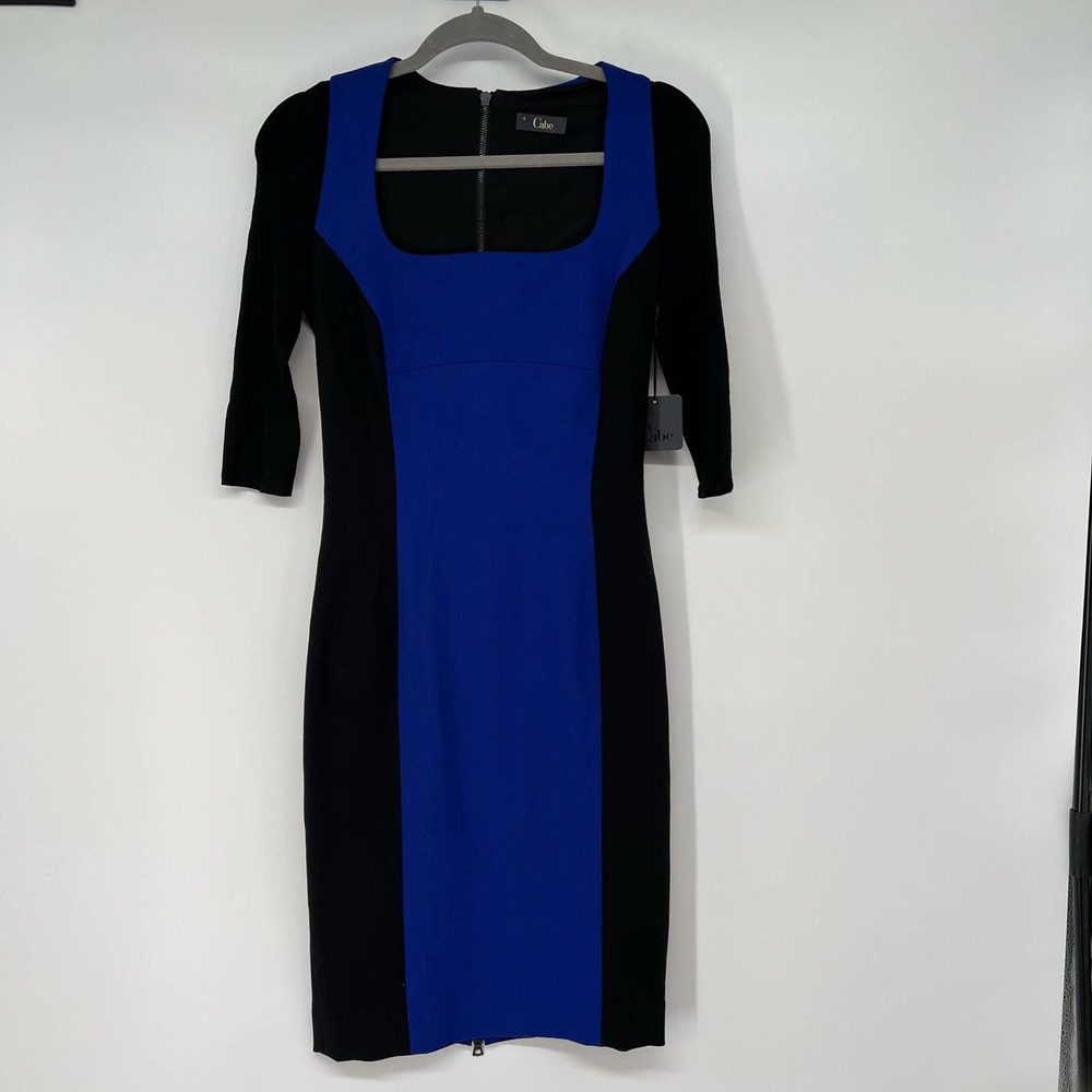 NWT Cabe Colorblock Sheath Dress Women's Sz 4 Blue Black Square Neck 3/4 Sleeve